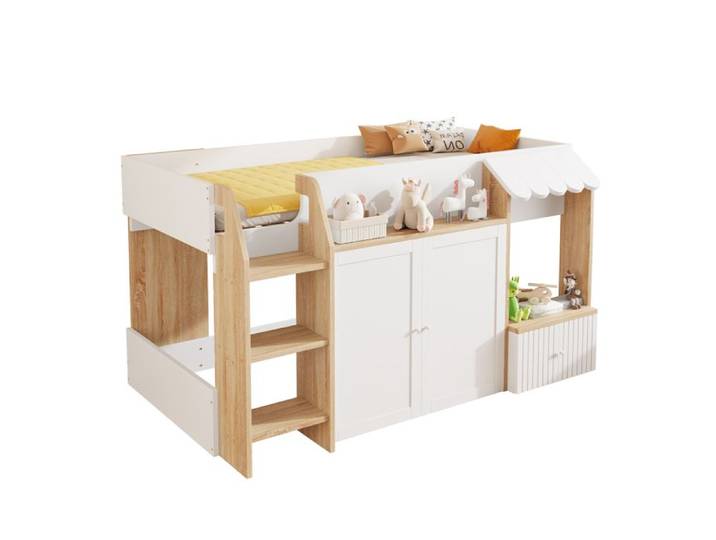 Lit enfant mi-hauteur - Lit 90x200 - Bois massif - Rangement 2 portes - Échelle d'escalade