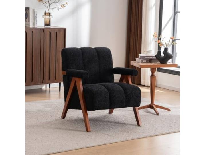 LOBO OFFICE Mid-Century Einzelsessel Bouclé Stoff Massivholzbeine Hautfreundlicher weicher Bouclé-Stoff, dicke hochdichte Schaumpolsterung mit segmentierter Rückenlehne für wolkenweichen Sitz
