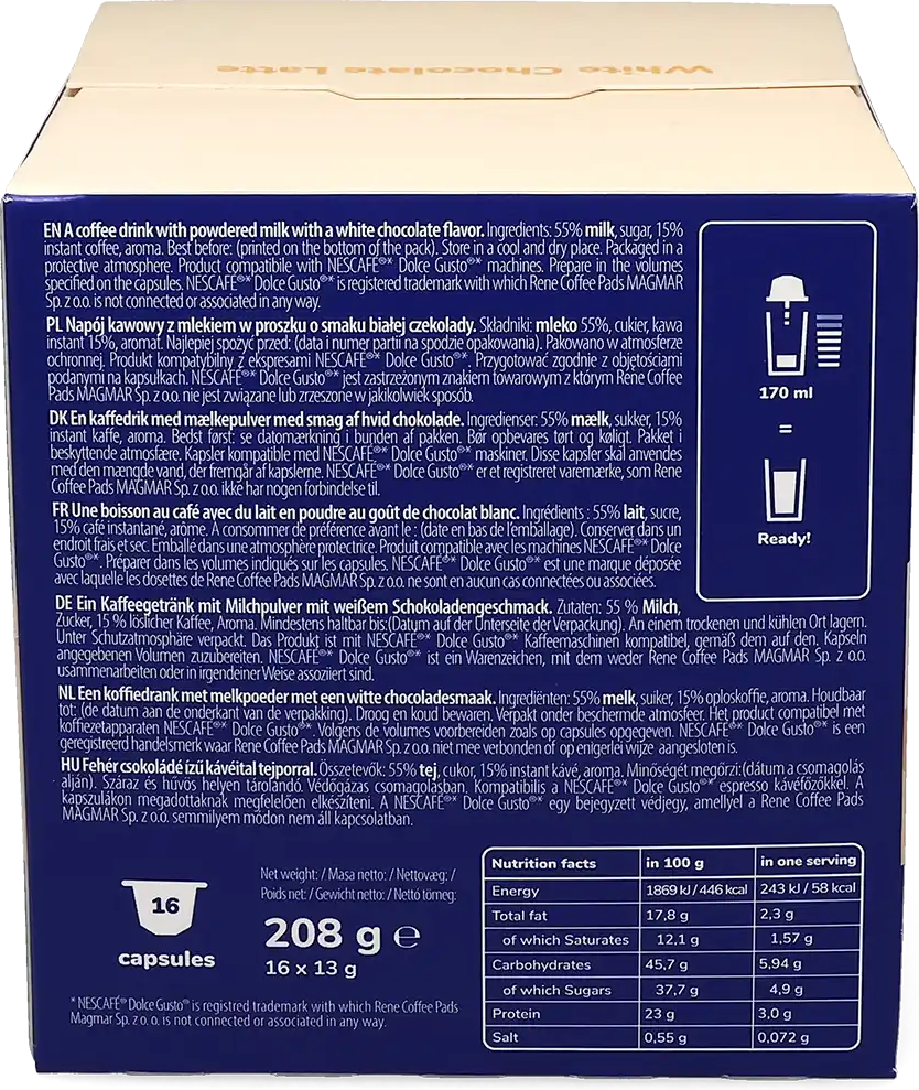 Senso Nocturno   White Chocolate Latte - 16 Capsules de café pour Dolce Gusto - Latte - Café Chocolat - Compatible Dolce Gusto