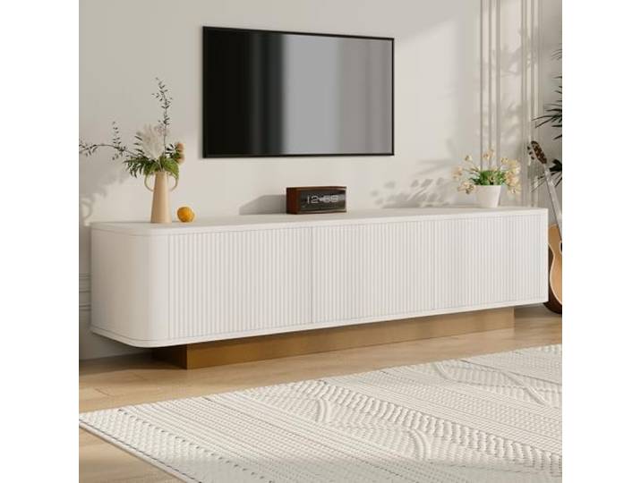 Merax TV-Lowboard 170x40x47 cm, Modernes Design mit Stauraum, abgerundete Ecken, Kabelmanagement, strukturierte Front, für TV bis 75 Zoll, Einfach zu montieren, Weiß