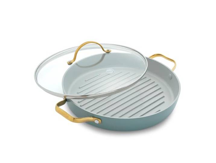 GreenPan Padova Reserve Harteloxierte Gesunde Keramische Antihaft 28 cm Grillpfanne mit Seitlichen Griffen, PFAS-frei, Induktion, Goldgriff, Spülmaschinenfest, Backofenfest, Rauchblau