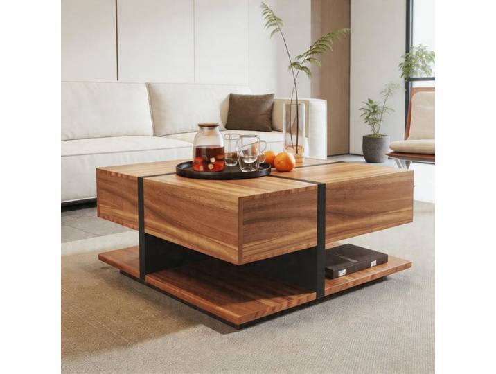 Table basse - WF310701NAA - Carrée 78×78×36 cm - 4 tiroirs + rangement inférieur - Noir et bois