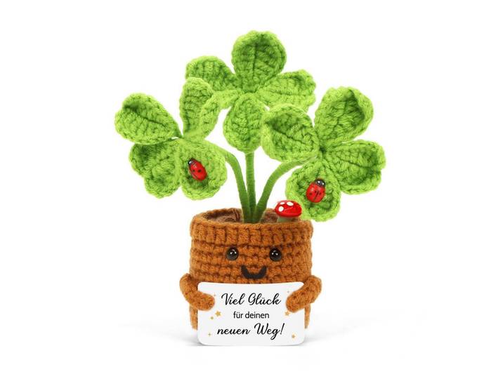 Glücksbringer Gestrickte Blume Vierblättriges Kleeblatt mit Spruch, Grün, 1x1 cm, Spielzeug, Kuscheltiere