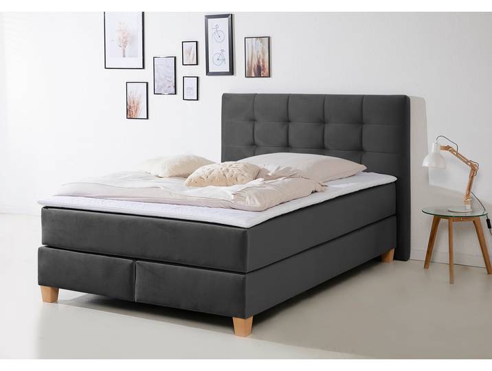 Boxspringbett, Samtstoff, Anthrazit, 154×211 cm, Inkl. Topper, Modern, Home-affaire