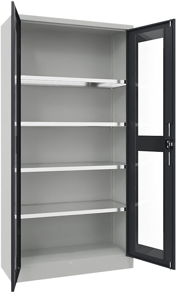 Flügeltürschrank mit Sichtfenster, 4 Fachböden, Höhe 1950 mm, HxBxT 1950 x 1000 x 400 mm, Tür anthrazitgrau Pavoy