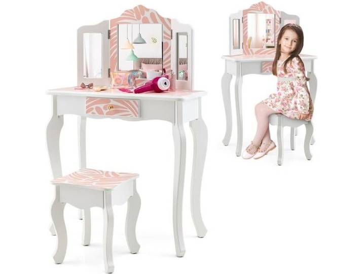 DREAMADE 2 en 1 Coiffeuse et Tabouret pour Enfants avec Miroir Détachable à 3 Volets Dispositif Anti-Basculement Motif Zèbre Rose