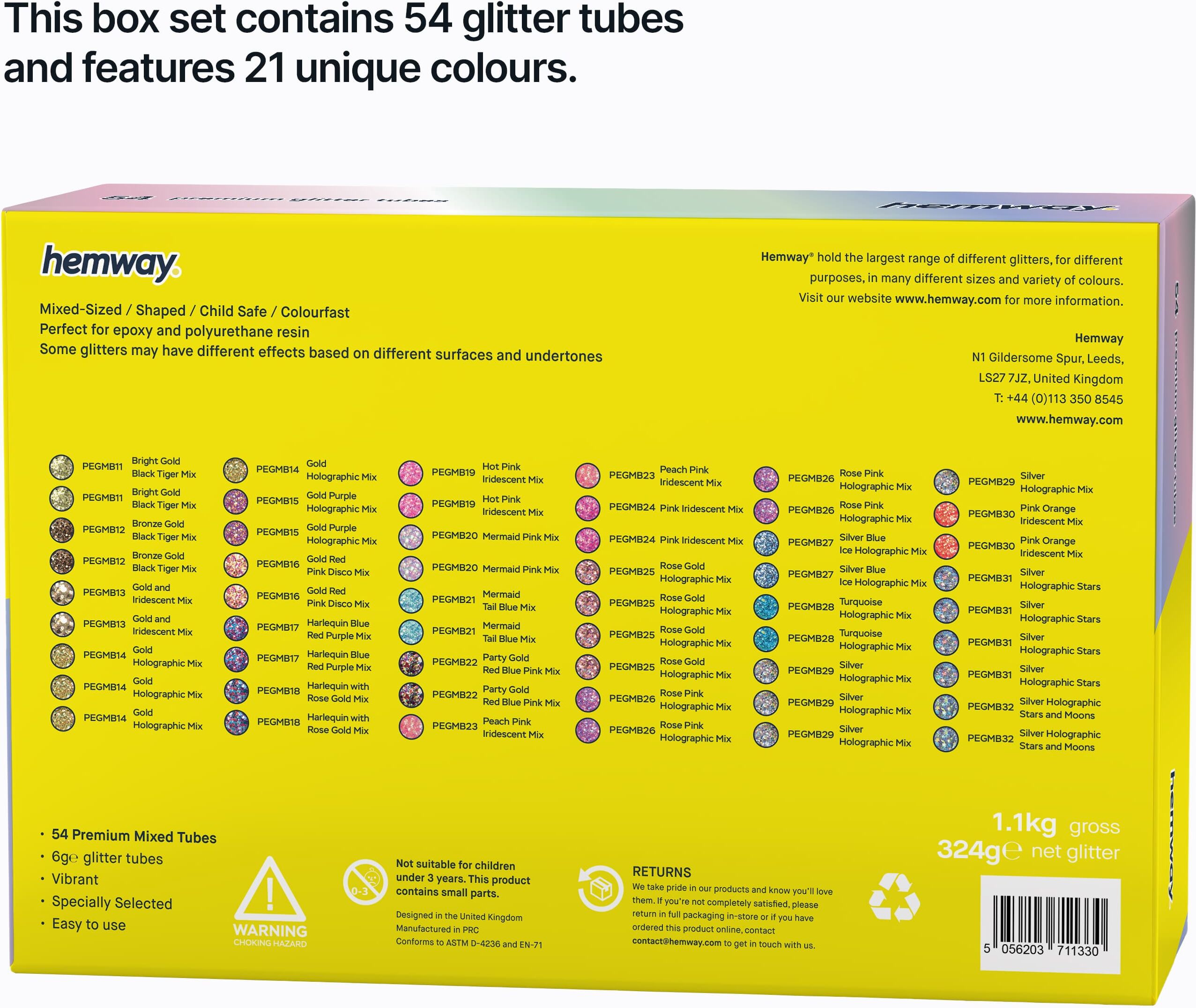 Hemway 54 Mixed Glitter Tube Box Set   For Epoxy Resin   Polyurethane, Craft - 54 Pack