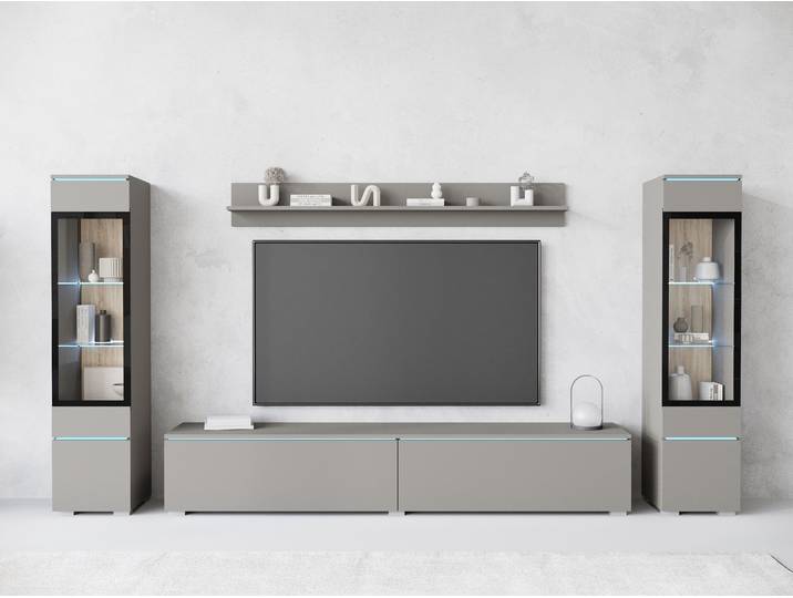 Wohnwand HOME AFFAIRE VERA II , grau (grau pallad), B:260cm H:130cm T:33cm, Kastenmöbel-Sets, Wohnwand, Vitrine mit Verglasung, stehend und hängend, inklusive Beleuchtung