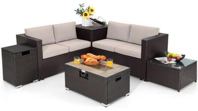 Costway 6 Pieces Outdoor Wicker Furniture Set with 32 Inch Propane Fire Pit Table-Beige