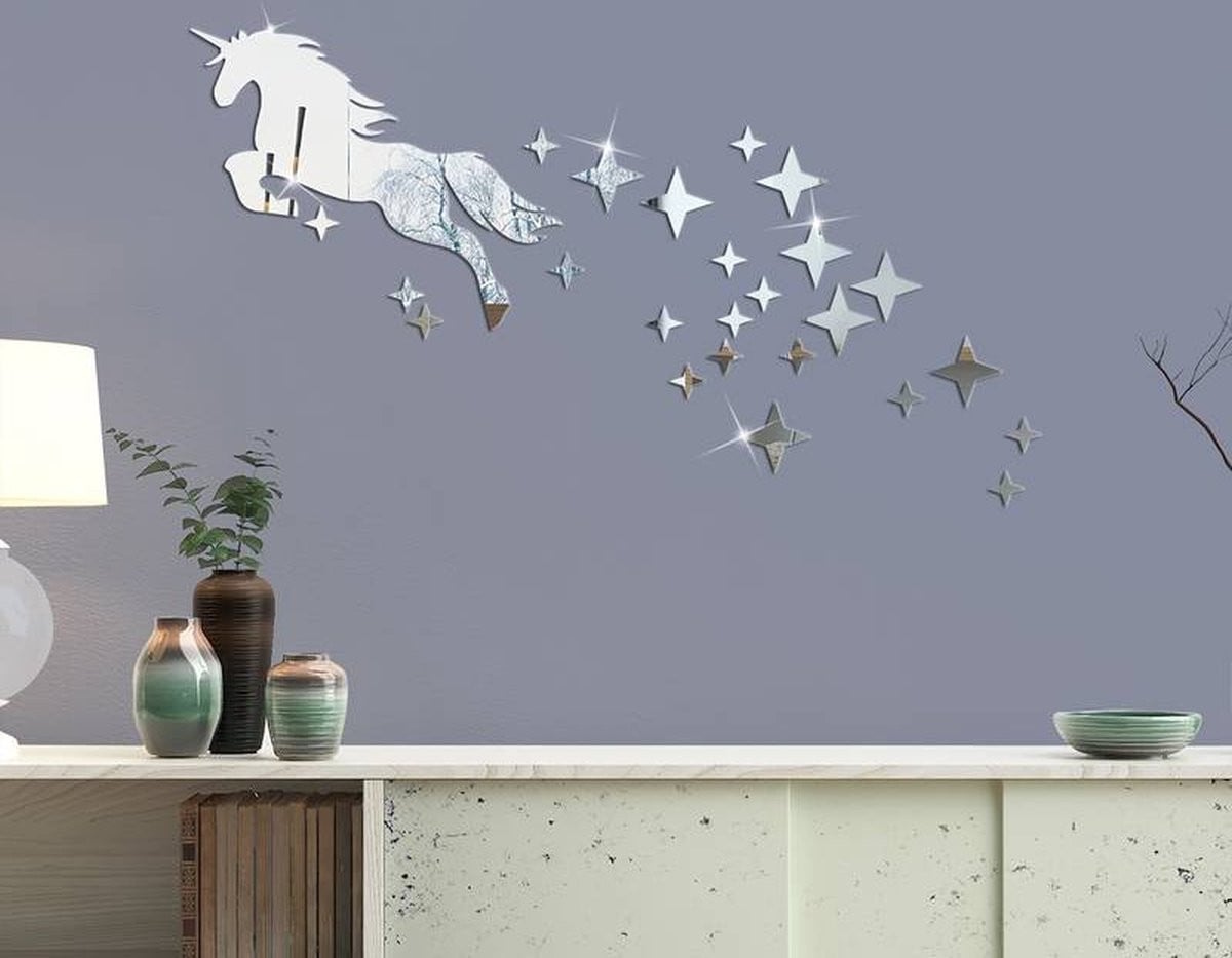Zelfklevende 3D spiegelsticker met eenhoorn decoratie voor wanden, zilver, acryl