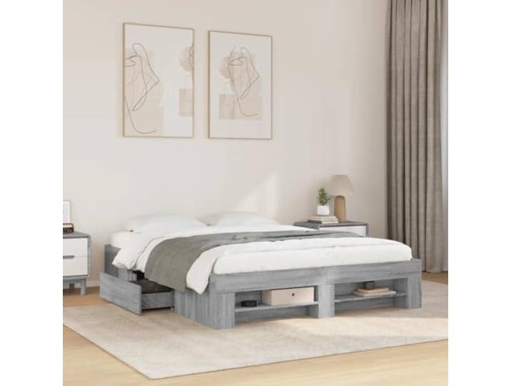 RJPLMFV Bettgestell, Sonoma-Grau, 160 x 200 cm, Holz Lattenrost inkludiert Aufbewahrungsschubladen ohne Matratze Schlafzimmer