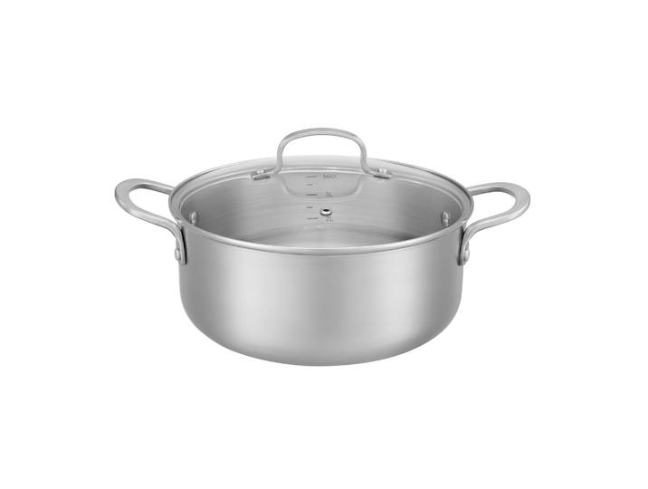 Kochtopf RESTO KITCHENWARE CORVUS mit Glasdeckel, TRI-PLY- Aufbau – 3-lagige Konstruktion , silber (silberfarben), H:10,3cm L:34,3cm Ø:24cm, Töpfe, Kochtopf, Induktion, für alle Herdarten geeignet