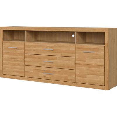 Sideboard OTTO HOME "Ribe,180cm breit, Fronten Massivholz,7 Fächer", braun (eiche teilmassiv), B:180cm H:80cm T:35cm, Holz teilmassiv, Sideboards, Sideboard, Holz massiv, Holzwerkstoff, Metall Griffe,2Türen,3Schubladen