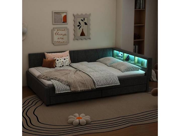 Lit banquette - KOMHTOM - Lit Banquette 140x200cm - 2 tiroirs & étagères - LED réglable avec USB‑C - Sommier à lattes