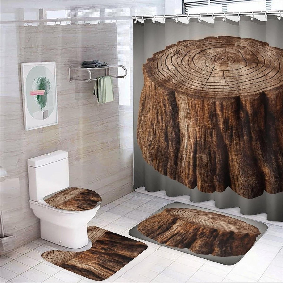 4-delige badkamer accessoires set met houtprint decoratie