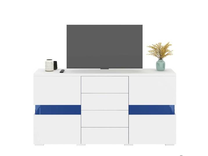 Buffet blanc brillant LED 145 x 35 x 72 cm 2 portes acrylique 4 tiroirs MDF salon et salle a manger