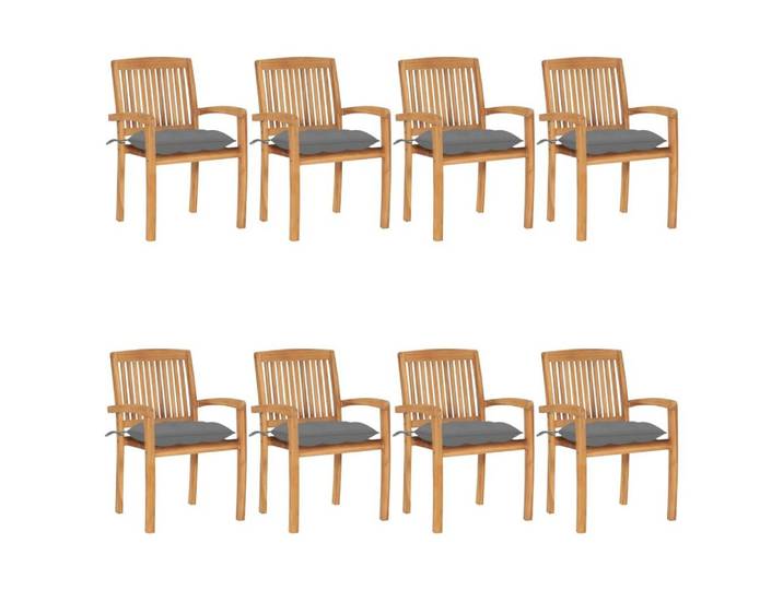 furnicato Gartenstuhl Stapelbares Gartenstuhl-Set aus Naturholz mit grauen Kissen, 60x57,5x9 (8 St), Witterungsbeständige Sitzgruppe mit Kissen und stapelbarer Funktion