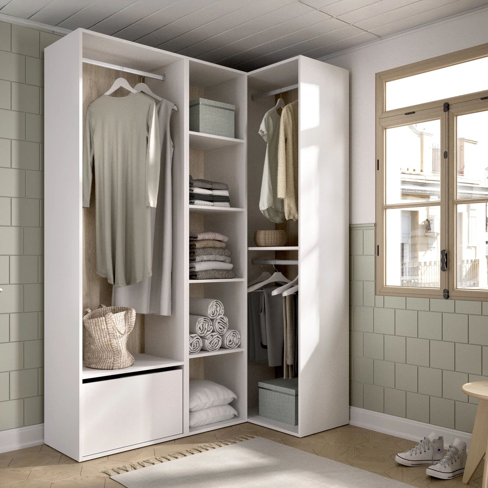garneroarredamenti Cabina armadio angolare 145x205h cm con scarpiera bianco rovere Vixa