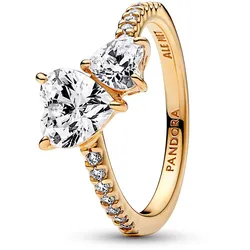 Pandora 161198C01 Damenring Doppeltes Funkelndes Herz Goldfarben, 58/18,5