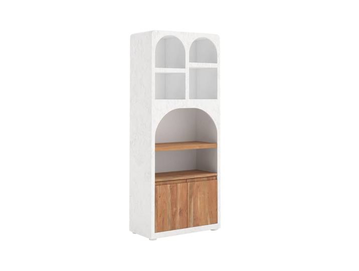 Bibliothèque en plâtre blanc cassé et bois d'acacia