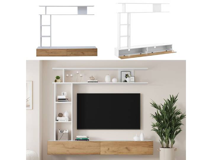 Meuble TV - Blanc+Chêne - 180x35x22 5cm - 2 Portes - Étagères Murales