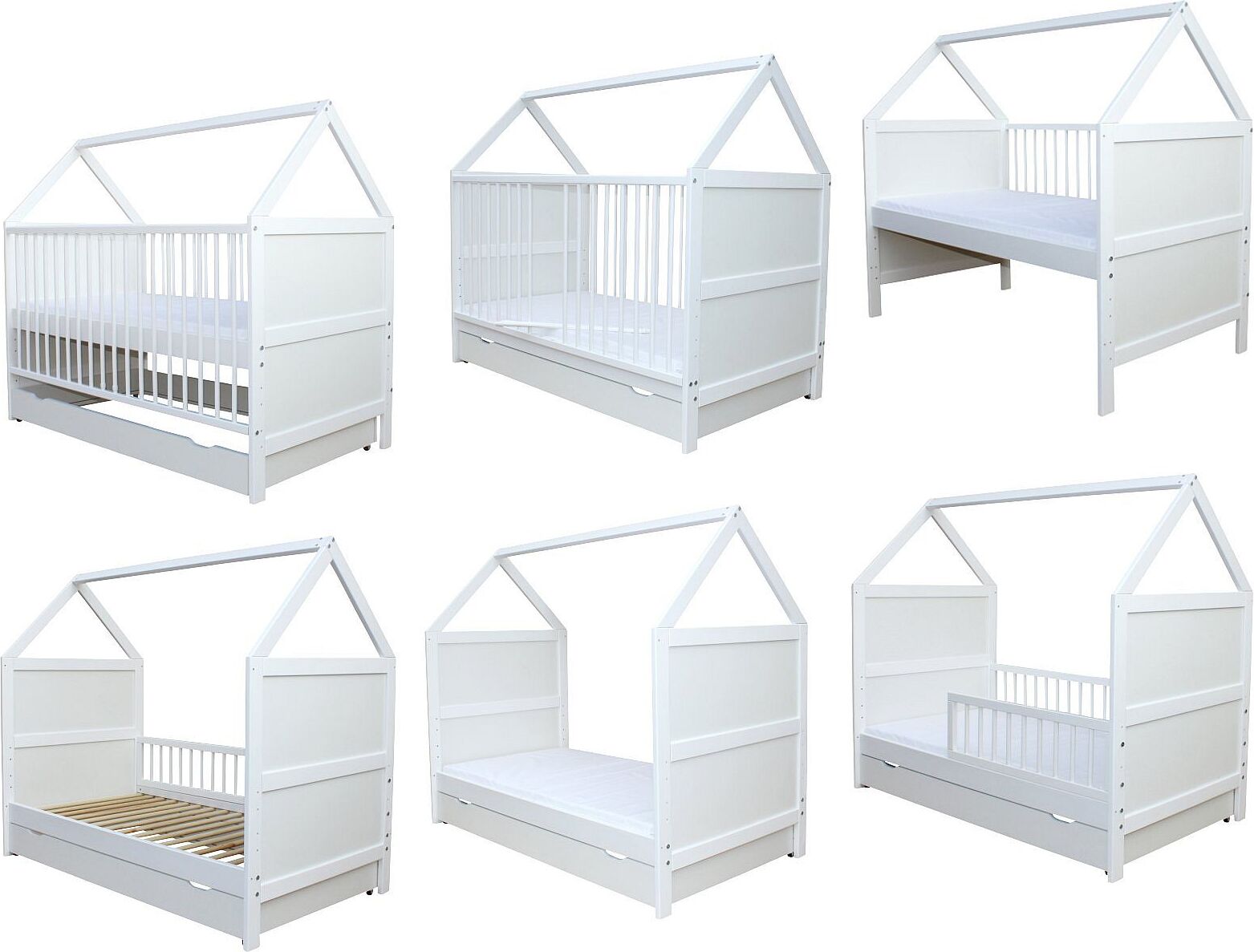 Babybett Kinderbett Bett Haus 140x70 cm mit Matratze Schublade weiss 0 bis 6 Jahre