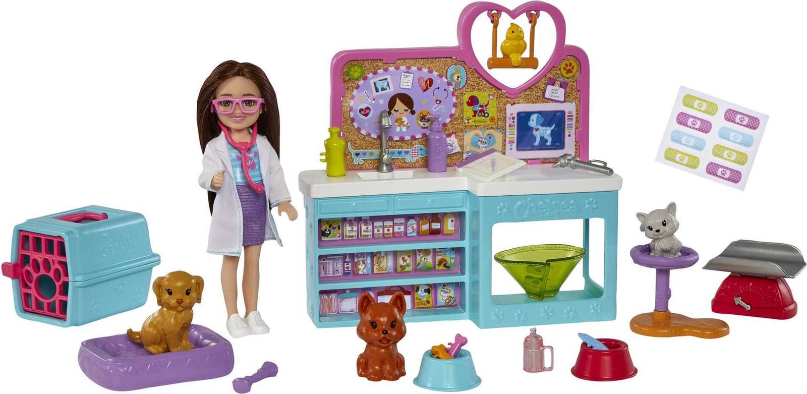 Barbie Chelsea Dierenkliniek speelset met pop met bruin haar, dieren en accessoires