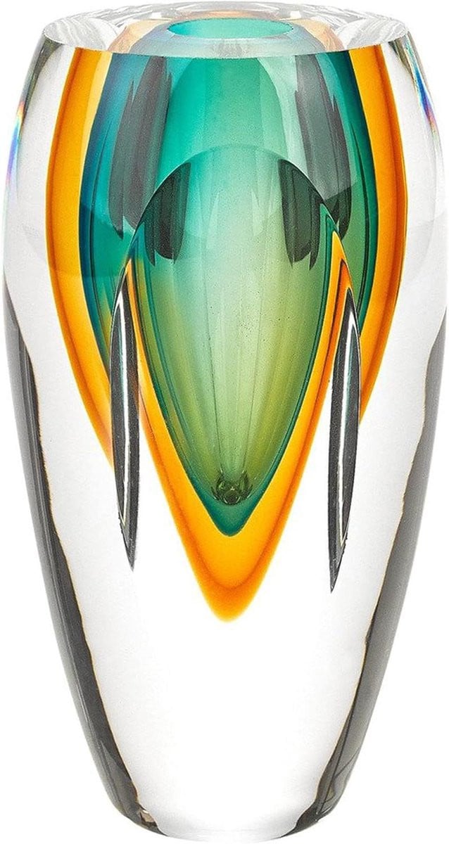 Decoratieve Kunstglas Vaas in Murano Stijl - Amber Groen - Hoogte: 16,51 cm