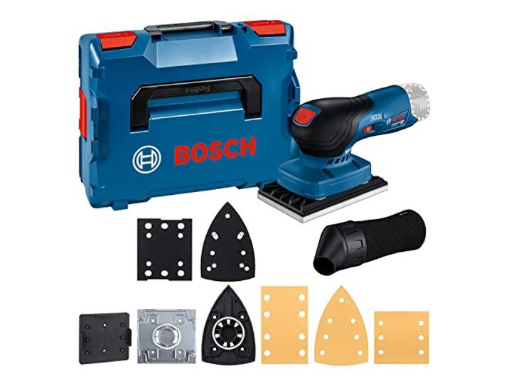 Bosch Professional 06019L0001 Professional 12V systeem accu-vlakschuurmachine GSS 12V-13 ompatibel met Bosch Professional 3 x schuurplaat 3 x schuurblad stofzak gatengereedschap in L-Boxx) blauw