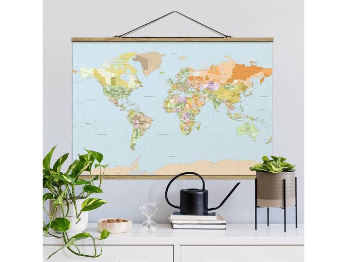 home24 Wandkleed Politieke Wereldkaart II geweven stof meerdere kleuren 80 x 54cm