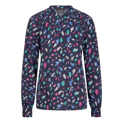 Klassische Bluse GOLDNER "Elegante Satinbluse mit Smok-Details", Damen, Gr. 46, blau (marine, smaragd, gemustert), Obermaterial: 100% Viskose CV., Modisch, Blusen Bluse, Smok-Details