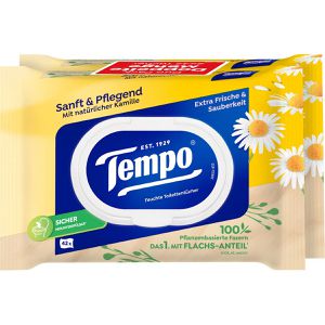 Tempo Feuchtes-Toilettenpapier Sanft & Pflegend, extra Frische & Sauberkeit, mit Kamille, Duo Pack, 2x42 Tücher, 2 Stück