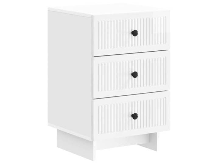 KDVXBCQJH Nachttisch Hochglanz Weiß 43x41x66.5 cm mit 3 Schubladen Stilvoller Beistelltisch für das Schlafzimmer mit 3 geräumigen Schubladen und schwarzen Metallknöpfen.