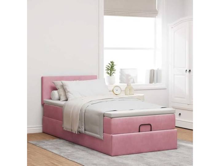 KTHLBRH Bettgestell Pouf mit Matratze Rosa 100 x 200 cm Samt Hydraulischer Aufzug, Unterbettkommode, Taschenfedern, Matratzenauflage inklusive