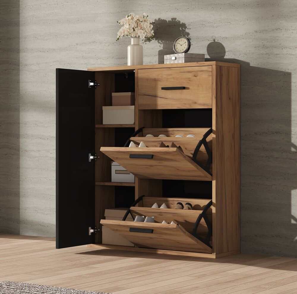 MODFU Zapatero con 1 cajón y 3 puertas, negro+naturaleza, 80 cm