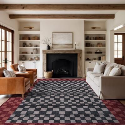 World Rug Gallery Checkerboard Panel Slate Machine Washable Polyester Non-Slip Backing Area Rug