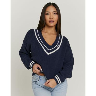 Strickpullover TALLY WEIJL "SPUACKARIBOU", Damen, Gr. M, blau (multi color), Strick, Obermaterial: 100% Polyurethan, unifarben mit Farbeinsatz, oversize normal, V-Ausschnitt, Pullover Strickpullover, Kunstfaser, mit tiefem V-Ausschnitt im College-Stil
