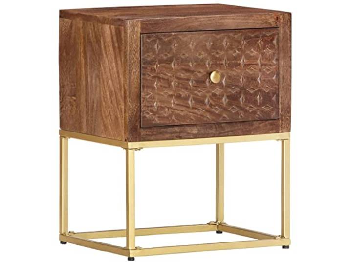 LKJephalotrop Nachttisch Mango Massivholz 40x30x50 cm Beistelltisch Handgeschnitzte Schublade aus Mango Massivholz und Stahlgestell bieten stilvollen Stauraum im Schlafzimmer.