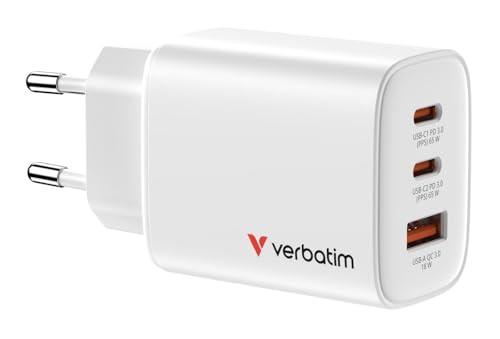 Verbatim Essentials GaN Charger 65W, 3 poorten USB-C en USB-A snellader, wit