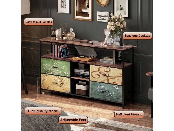 Rosahqnda Meuble TV avec 4 tiroirs, meuble TV, étagères réglables, table TV, meuble TV meuble de salon