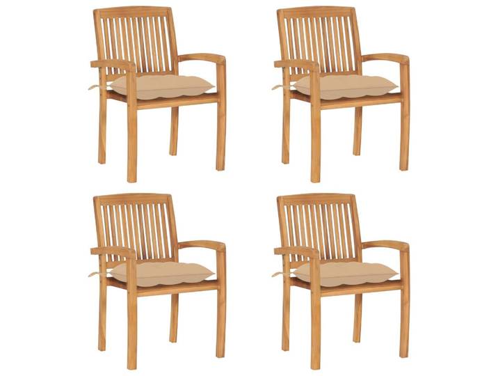 vidaXL Stapelbare Gartenstühle Mit Kissen 4er set Massivholz Teak, Beige, Holz, Rechteckig, 57.5x90x60 cm, Gartenmöbel, Gartensessel, Gartenstühle