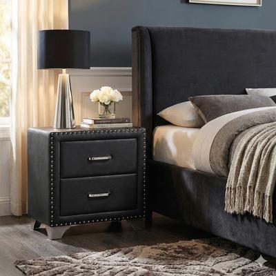 Benjara Cale 26 Inch Modern Glam Wood Nightstand, Nailhead, Gray Velvet Upholstered