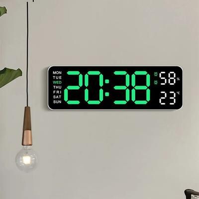 Inspire Select Large LED Digital Wall Clock Temperature & Humidity Display, Dual Alarm, Adjustable Brightness Desk Clock green