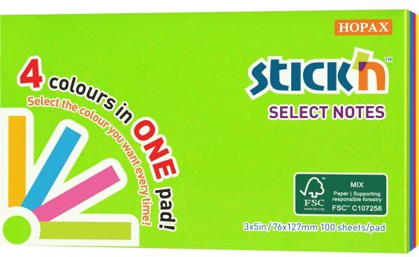 Stick'N Select Notes, 76x127 Mm, 4 Neonfarver