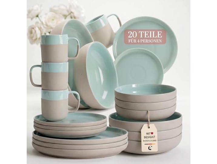 Geschirrset 20-teilig für 4 Personen, Keramik Kombiservice mit Teller, Bowls & Bechern, spülmaschinen- & mikrowellengeeignet (dusty mint, Set 20 Teile 4 Pers.)