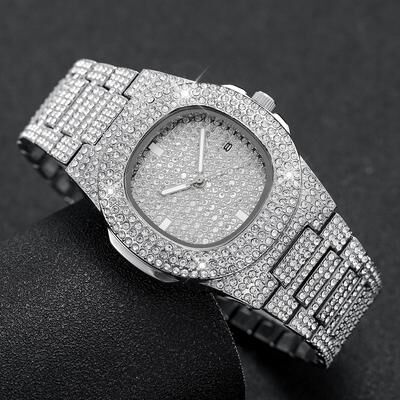 ModernMart Luxury Diamond Stainless Steel Quartz Watch For Men With Calendar silver