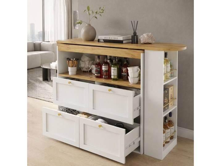 Buffet de cuisine rotatif - ZEVKOR - Pivotant 360° - 4 tiroirs - Plan de travail MDF blanc - Étagères ouvertes