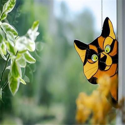 Katzen-Fensterbehang, handgefertigter Katzen-Sonnenfänger aus Buntglas, süßer Katzen-Fensterhänger aus Buntglas, spähender Sonnenfänger, Acryl-Katzen-Buntglas-Katzenfenster-Aufhänger für Katzenliebhaber