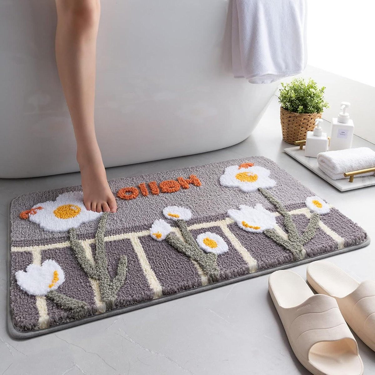 Grijs Badkamermat Bloem - Ultra Waterabsorberend en Antislip - Rechthoekig
