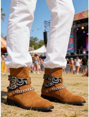 LightInthebox Men's Tan Western Ankle Boots Chain Strap Fashion Cowboy Boots for Music Festival, Concert Outfits, Rodeo Style, Outdoor Parties, Streetwear and Bold Trendy Looks